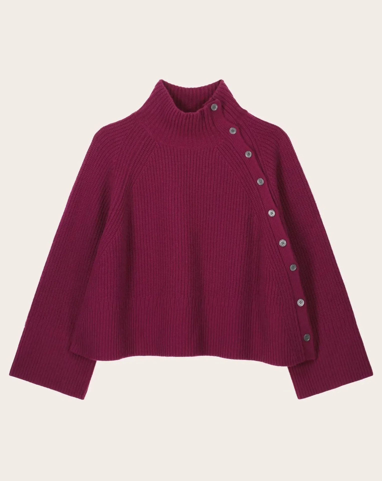 Cashmere ribbed oversized buttoned stand-up collar sweater