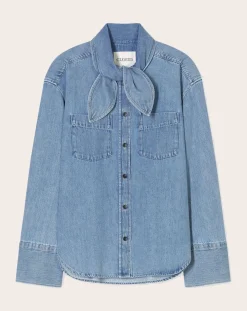 Long-sleeved cotton shirt with lavaliere collar