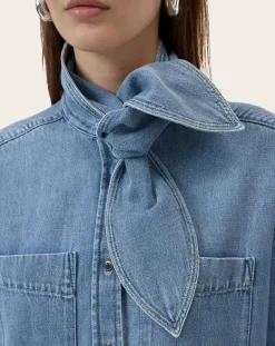 Long-sleeved cotton shirt with lavaliere collar