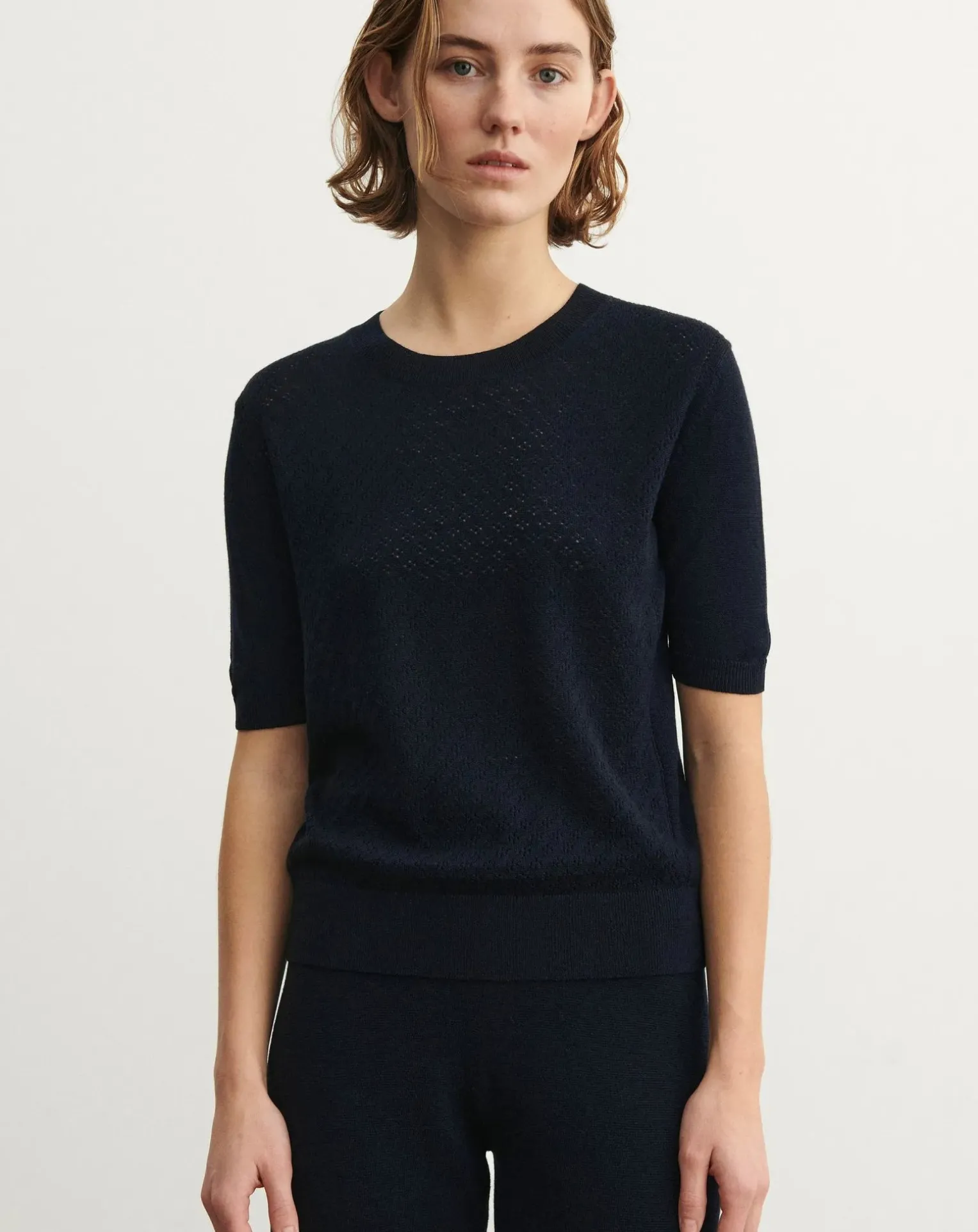 Pointelle Merino Wool Short Sleeve Sweater - Women's Collection